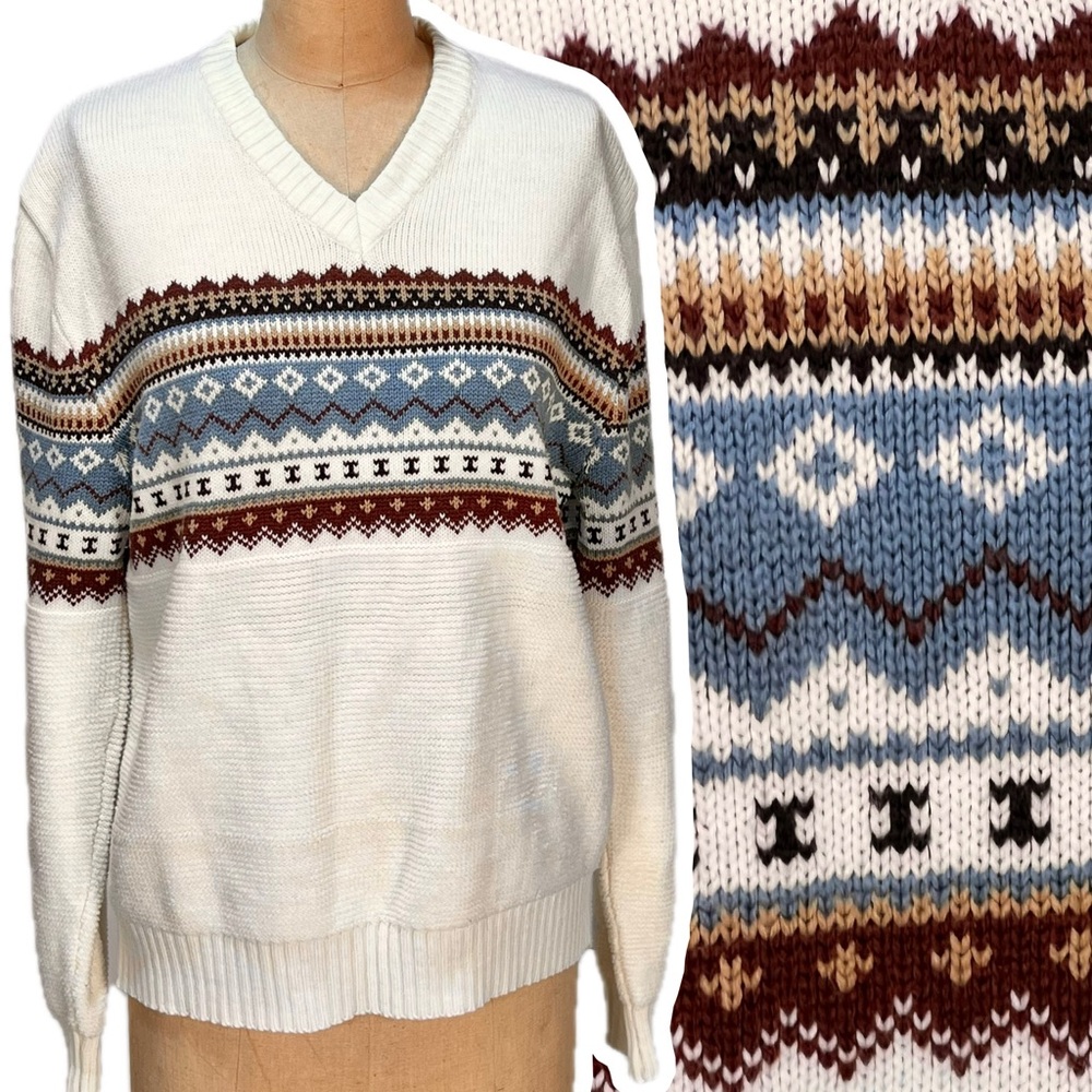 VINTAGE 70s 80s fair isle knit ski sweater v neck chenille earthy neutral unisex